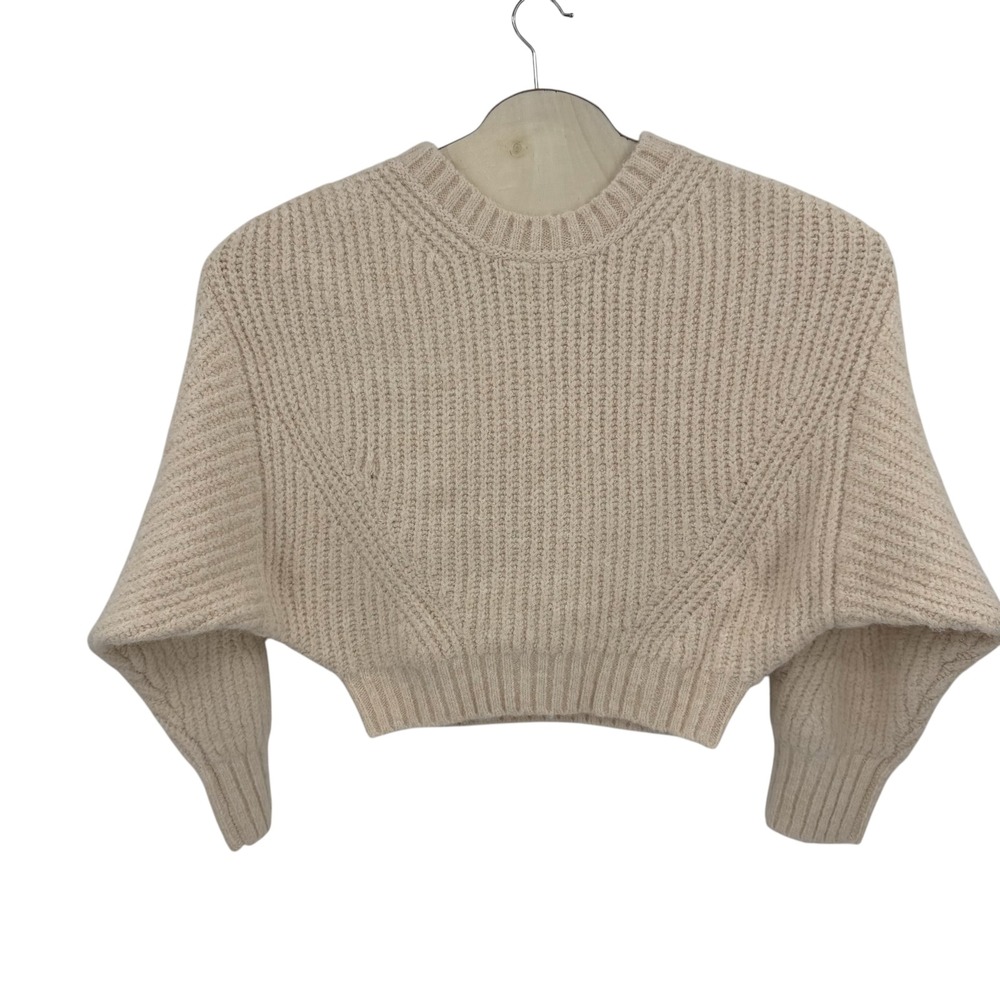 MABLE Sweater Women L Cream Wool Blend Cropped Dolman Ribbed Knit Coquette Cozy